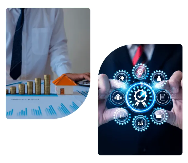 Property Dealer with Coins, Home, Growth chart and Certified Badge